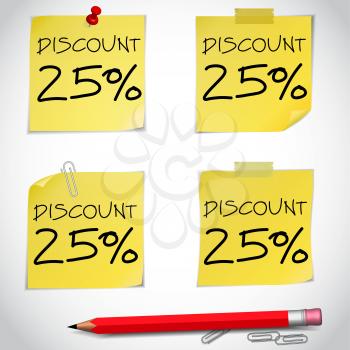 Discount text with numbers on yellow adhesive notes with pin and red pencil isolated on white. Vector illustration