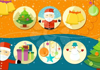Christmas and New Year icons bell gloves balls tree and snowman on background in cartoon design style