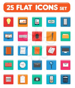 Set of office and business work elements in flat design. Web design objects, strategy, business, office and marketing items icons. Set of 16 business item icons in flat design style