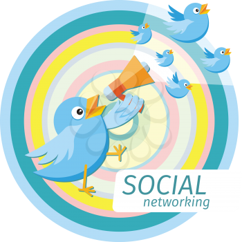 Social media communication network concept. Birdie holding megaphone from which fly blue birds cartoon design style