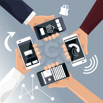 Hands holding smartphones telephones that call send sms bought products online cartoon flat design style