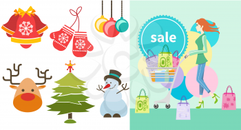 Shopping girl woman with trolley showing shopping bag with sale written on lable. Christmas and New Year icons bell gloves balls tree and snowman in cartoon design style