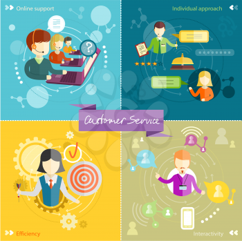 Customer service representative at computer in headset. Online support. Cartoon phone operator. Individual approach. Support centerand efficiency. Customer support interactivity in flat design concept