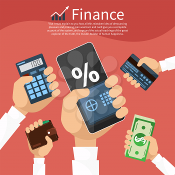 Hands with various business elements such as safe, purse, calculator with stock graph. Flat icon modern design style concept 