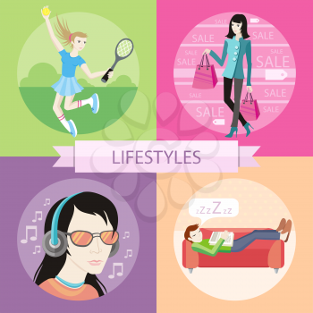 Man sleeping on sofa. Man with glasses in headphones listening to music. Tennis sport concept with item icons. Beautiful woman with a lot of shopping bags. Lifestyles concepts