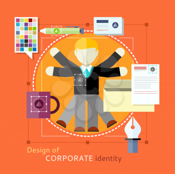 Corporate identity concept. Design of human resources. Man with lots of hands. Concept in flat design style. Can be used for web banners, marketing and promotional materials, presentation templates 