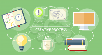 Creative process. Creative office item icons at desk in flat design style. Can be used for web banners, marketing and promotional materials, presentation templates 