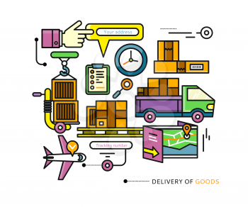Concept of purchasing, delivery of product via internet. Stroke elements of delivery service. Transportation chain aviation, customs, control, cars. For web site banners brochures on white background