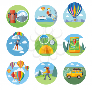 Happy peoples plans with parachute. Man doing rock climbing. Colorful hot air balloons flying over the mountain. Man traveler with backpack hiking. Off-road car with map and compass on road