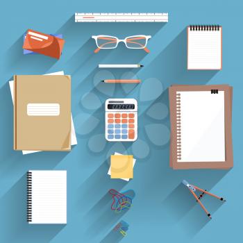 Office workplace. Calculator, ruler, book and paper page icon on an office desk. Flat icon modern design style concept 
