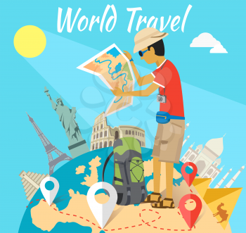 Concept of the world adventure travel. Relaxation journey, leisure and rest tourism, statue liberty, eiffel tower, colosseum and tourist with map, trip global tour illustration