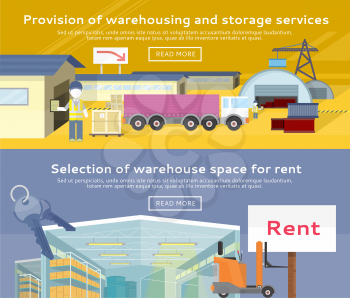 Warehouse storage service product. Warehousing and rent space, service storage, transportation and logistic, delivery container, distribution package illustration