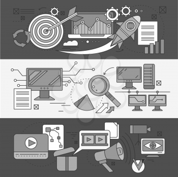 Concept search engine optimization. Analytic and analysis, development startup, diagram and statistic, management strategy, promotion project illustration. Set of thin, lines icons