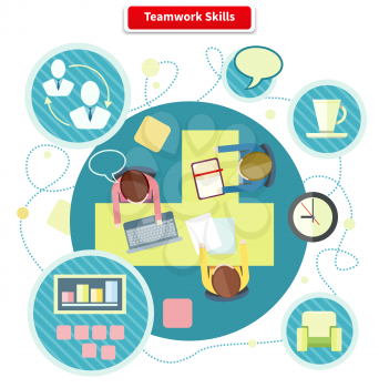 Teamwork skills Concept Flat Design. Development and knowledge, training talent, competence business team, success management, strategy leadership illustration