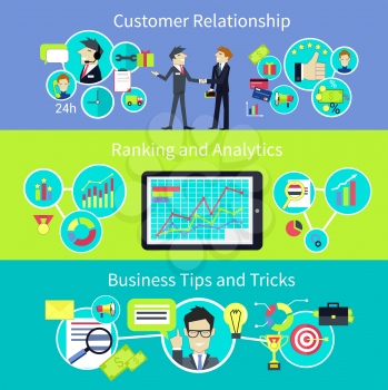 Business customer relationship. Tips and trips. Crm, management and communication, strategy success, people professional, support manager businessman, client person, analysis and consultant illustrati