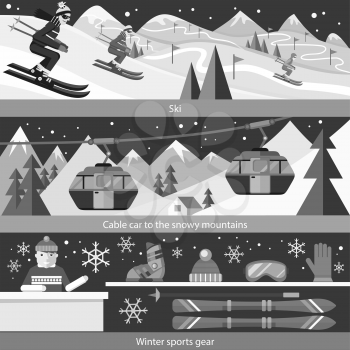 Concept skiing winter sport flat style. Cable car, gear snow, hobby and boot, season sporting, shoes and leasure, downhill and skier, speed extreme, activity and landscape. Black and white color