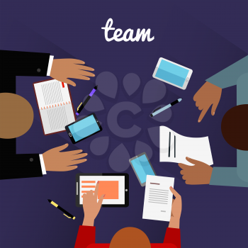 Workspace team design flat concept. Teamwork and business team, team building, group together, people office, workplace and management illustration