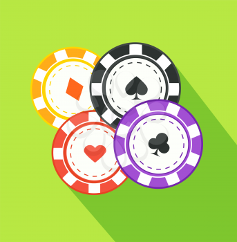 Chip suit flat design on background. Tambourine peaks hearts and clubs, gambling play game, chance in casino, success risk and luck, leisure and bet illustration