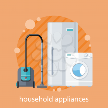 Household appliances flat design. Household items, washing machine, kitchen appliances, equipment and kitchen, machine and stove, cooking domestic, microwave electric illustration banner