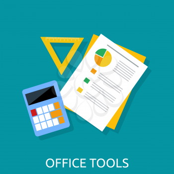 Office workplace. Calculator, ruler, book and paper page icon on an office desk. Flat icon modern design style concept. Office tools. Isolated office tools. Vector office tools 