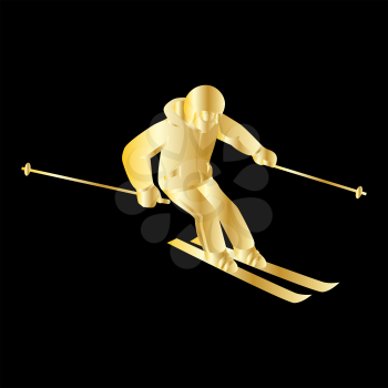 People skiing flat style design. Skis isolated, skier and snow, cross country skiing, winter sport, season and mountain, cold downhill, recreation lifestyle, activity speed extreme. Gold on black