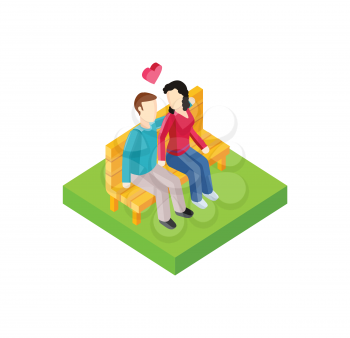 Couple on bench isometric design. Couple man and woman, love  people together romantic, girlfriend and boyfriend, lover sitting, young two valentine, togetherness vector illustration