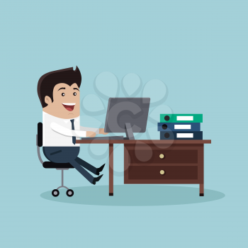 Man sitting on chair at table in front of computer monitor. Man work with computer laptop design flat. Computer and business man worker, man in office desk, businessman person at table workplace