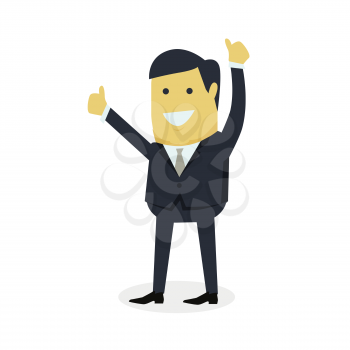 Businesman show gesture thumb up. Young successful man do business hand gesture shows good job isolated on white background. Approval of the praise and agreement. Vector illustration