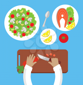 Prepare a meal top view design flat. Human hands with a knife cutting carrots on a wooden board for a salad. Bowl of salad with mushrooms and tasty dish of fish with lemon. Vector illustration