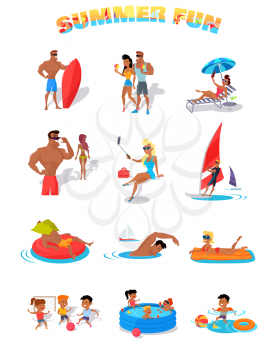 Summer holidays color icons with people. Collection of summer vacation on the situation, isolated. Beautiful woman and a man, a holiday romance and active leisure. Vector illustration