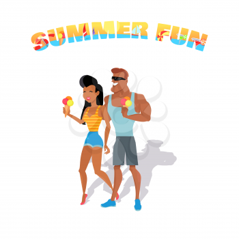 People relax in the summer isolated on white background. Loving couple eating ice cream. Summer person young and happy relax isolated. Vector illustration