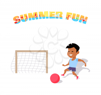 Happy boy play with a ball. Summer fun banner flat style. Boy playing with a ball in soccer summer fun. Happy sport kid and activity play in soccer, running and playing football. Vector illustration