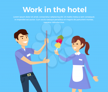 Work in hotel banner design flat style. Happy male and female members of the service staff at the hotel. Work service cleaner and maid, cleaning business and worker occupation. Vector illustration