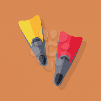 Yellow and red flippers for diving. Vector illustration