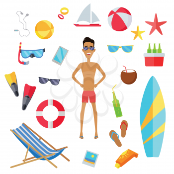 Accessories for the summer holidays design flat. Ball for beach volleyball, life buoy and flip-flops, sunglasses and inflatable ice cream man isolated on white background. Vector illustration
