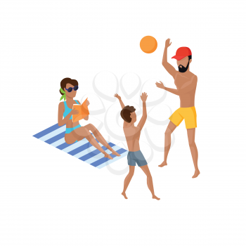 Summer vacation concept illustration. Vector flat design. Leisure on tropical sunny seaside with family. Beach entertainments and games. Volleyball in a tropical country