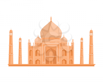 Travelling India famous historical attractions vector. Summer vacation in exotic countries concept. Tadj Mahal in Flat Design. Acient Indian muslim architecture illustration. Isolated on whitre.