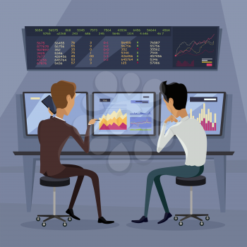 Modern online trading on stock exchange concept. Flat style design Monitoring of value indexes. Online trading technology. Brokerage trading on the web vector. Flat style design. Businessmans at work.