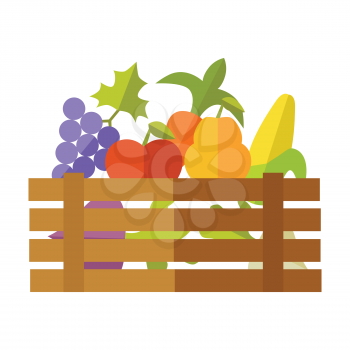 Fresh fruits and vegetables at the market vector. Flat design. Delivery farm products, grocery store assortment,  foods for diet concept. Wooden box full of apple, grape, pears, corn, beets, radishes.