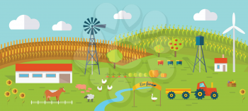 Eco farm conceptual vector. Flat design. Landscape view of traditional ecological farm. Country idyll. Farmyard with domestic animals, houses, machines, windmill, river, fields and garden. On white.
