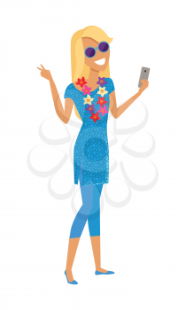 Young woman with a necklace of tropical flowers makes a selfie vector illustration. Tourist take picture on vacation in tropical country. Flat style design concept. Isolated on white.
