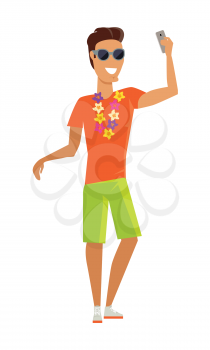 Young man with a necklace of tropical flowers makes a selfie vector illustration. Tourists take pictures on vacation in tropical country. Flat style design concept. Isolated on white.