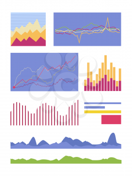 Set of graphic symbols for infographics. Statistic element vector collection. Graphics peaks, curves fluctuations and column diagram illustrating. For business, social, political concepts. On white.