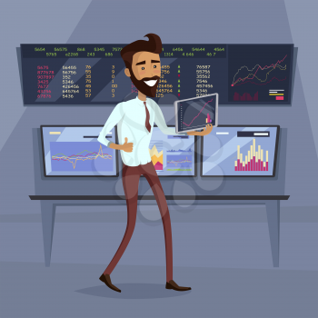 Business success illustration. Flat Design. Growth of value indexes. Good day on the stock exchange concept. Happy smiling man with tablet enjoying his success. Modern online trading technology.