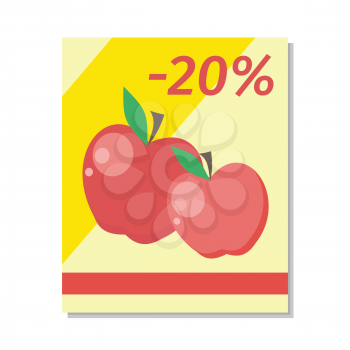 Apple sale vector in flat style design. Two read apples pictures wiht percent discount sign. Fruit illustration for sale banners, label printing, shop signs. Isolated on white background.     