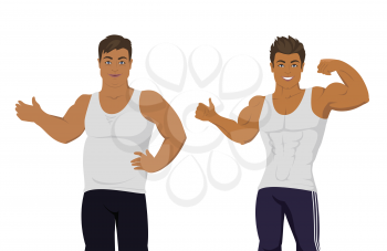 Figure of the man before and after diet. Banner of a person before and after weight loss. Sportive and fat boy isolated. Part of series of promotion healthy diet and good fit. Vector illustration