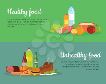 Healthy and unhealthy food banners. Poster with items of diet organic products and unhealthy junk food. Weight loss. Part of series of promotion healthy diet and good fit. Vector illustration