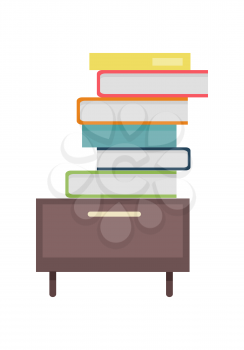 Stack of books. Large number of business documents or textbooks  on shelf. Colorful binders. Paper work, office routine, reading books,  concepts. Flat design. Isolated on white background. 