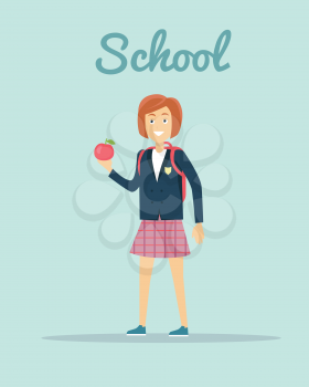School concept vector. Flat design. Smiling pupil girl in uniform with backpack and apple in hand standing on  blue background. Children education, school years, students clothes style illustrating.  