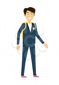 Schoolboy vector illustration in flat design. Smiling pupil boy in school uniform with backpack standing on white background. Children education, school years, students clothes style illustrating.  
